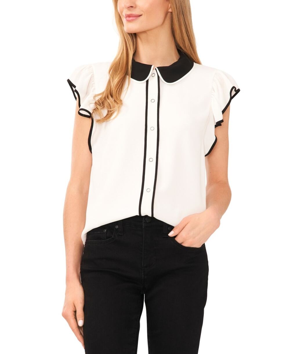 CeCe Women's Contrast Trimmed Flutter Sleeve Blouse Ivory Size S 3857